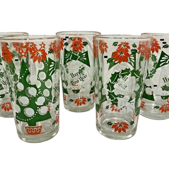 Vintage Merry Christmas Holiday Glasses Set (5) Mod Tree & New Years Tumblers - Picture 9 of 9